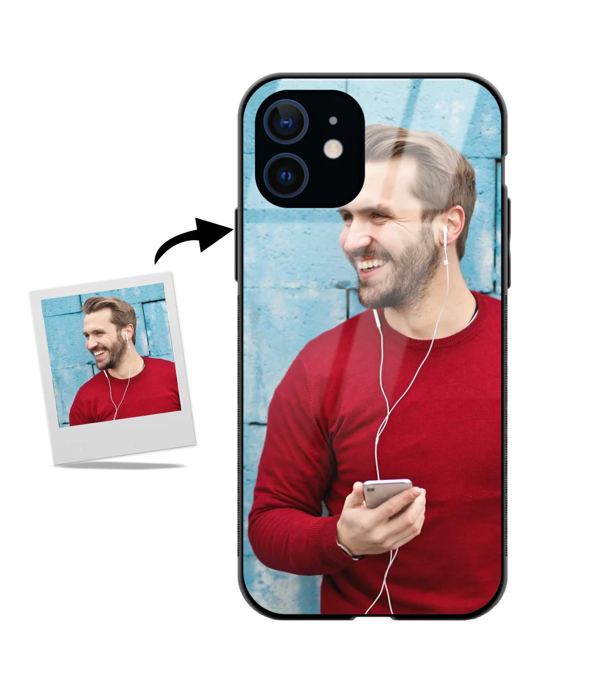 Customized iPhone 12 Mini Glass cover showing a personalized photo print.