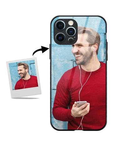 Customized iPhone 12 Pro Glass cover showing a personalized photo print.