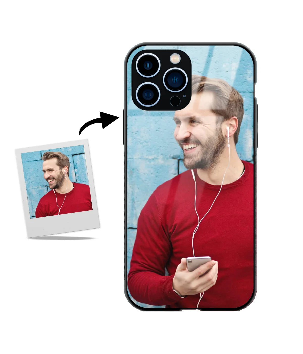 Custom iPhone 13 Pro Glossy Metal Case showing a personalized photo print.