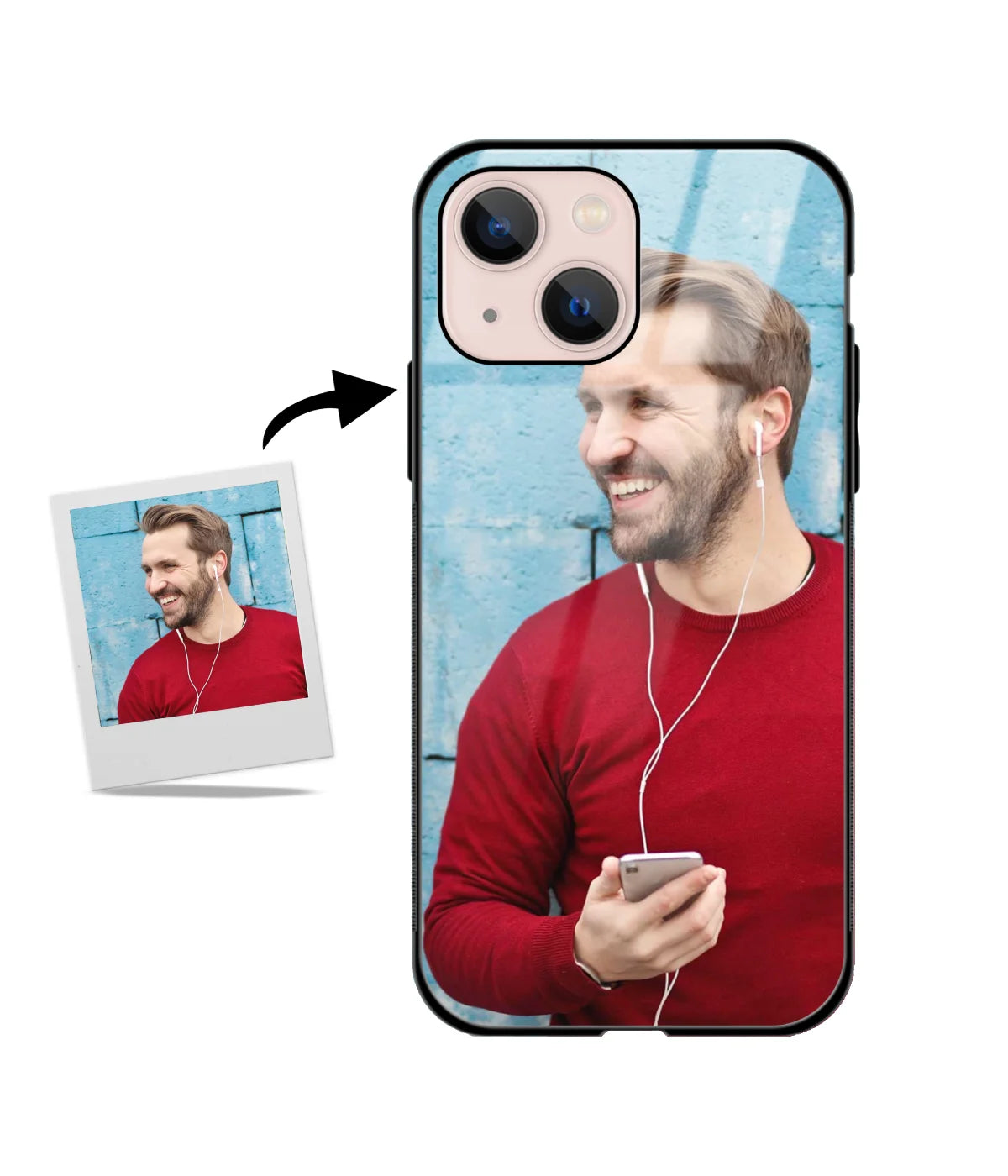 Customized iPhone 14 Plus Glass cover showing a personalized photo print.