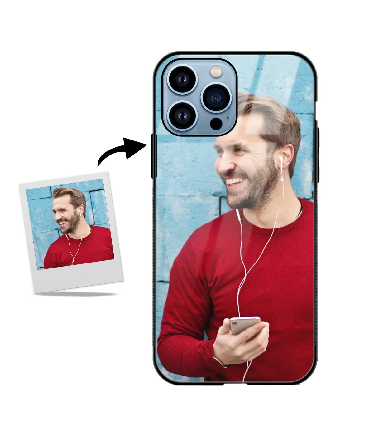 Customized iPhone 14 Pro Glass cover showing a personalized photo print.