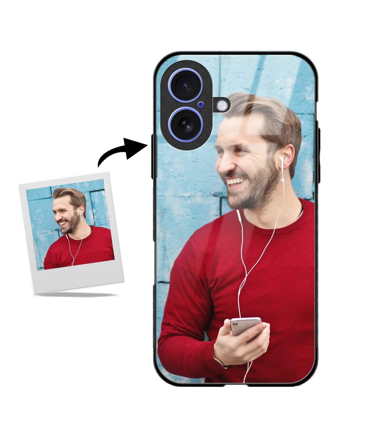 Customized iPhone 16 Glass cover showing a personalized photo print.