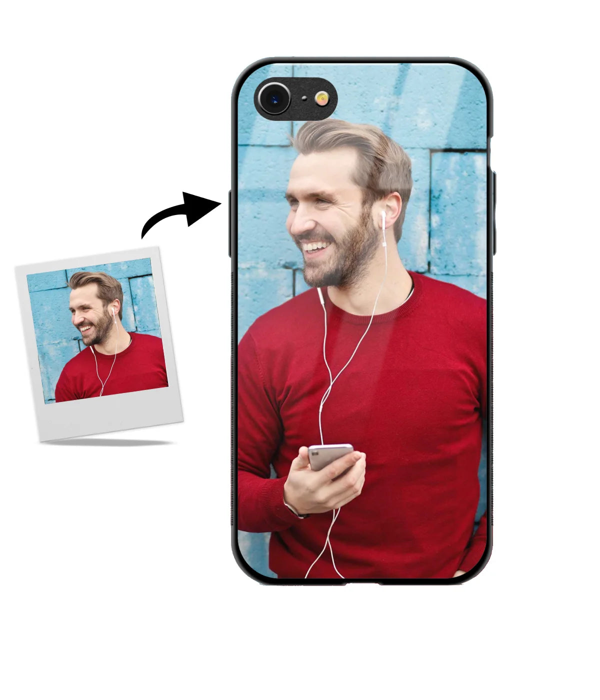 Customized iPhone 7 Glass cover showing a personalized photo print.