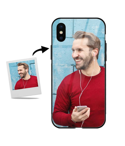 Customized iPhone XS Glass cover showing a personalized photo print.