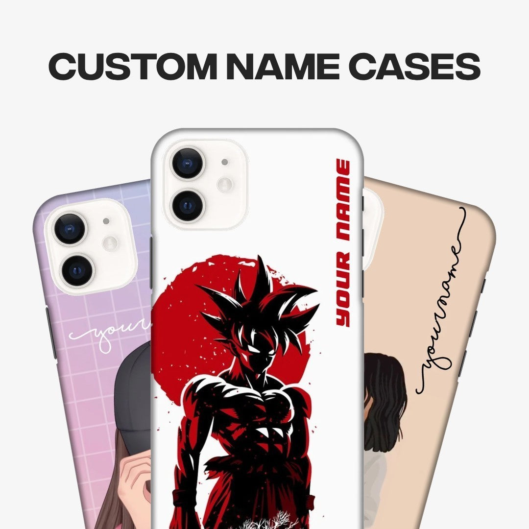Banner showcasing Custom Name Cases with personalized text options with the text "Custom Name Cases".