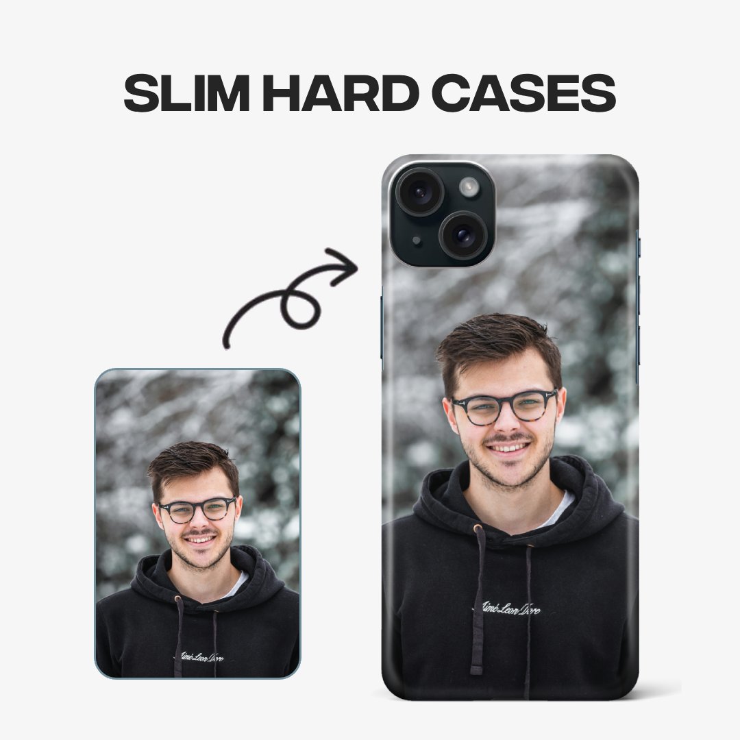 Banner for Custom Slim Hard Phone Cases illustrating the personalization process where users upload a photo to create a premium printed Slim Hard Phone cover.