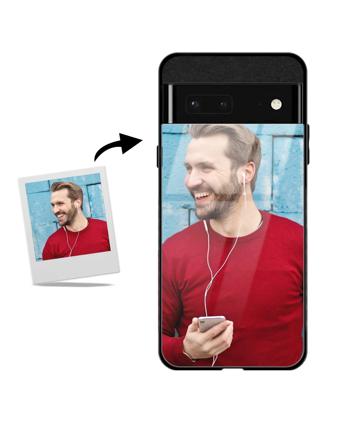 Customized Google Pixel 6A Glass Back Cover showing a personalized photo print.