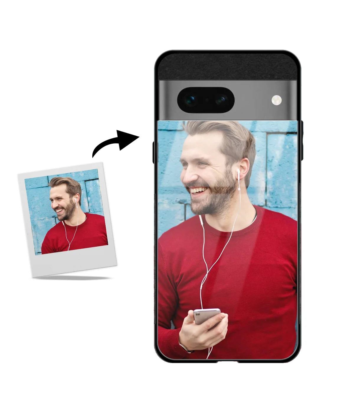 Custom Google Pixel 7A Glossy Metal Case showing a personalized photo print.