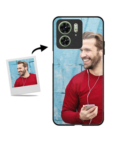 Customized Motorola Edge 40 Glass Back Cover showing a personalized photo print.
