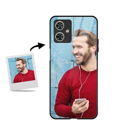 Customized Motorola G54 5G Glass Back Cover showing a personalized photo print.