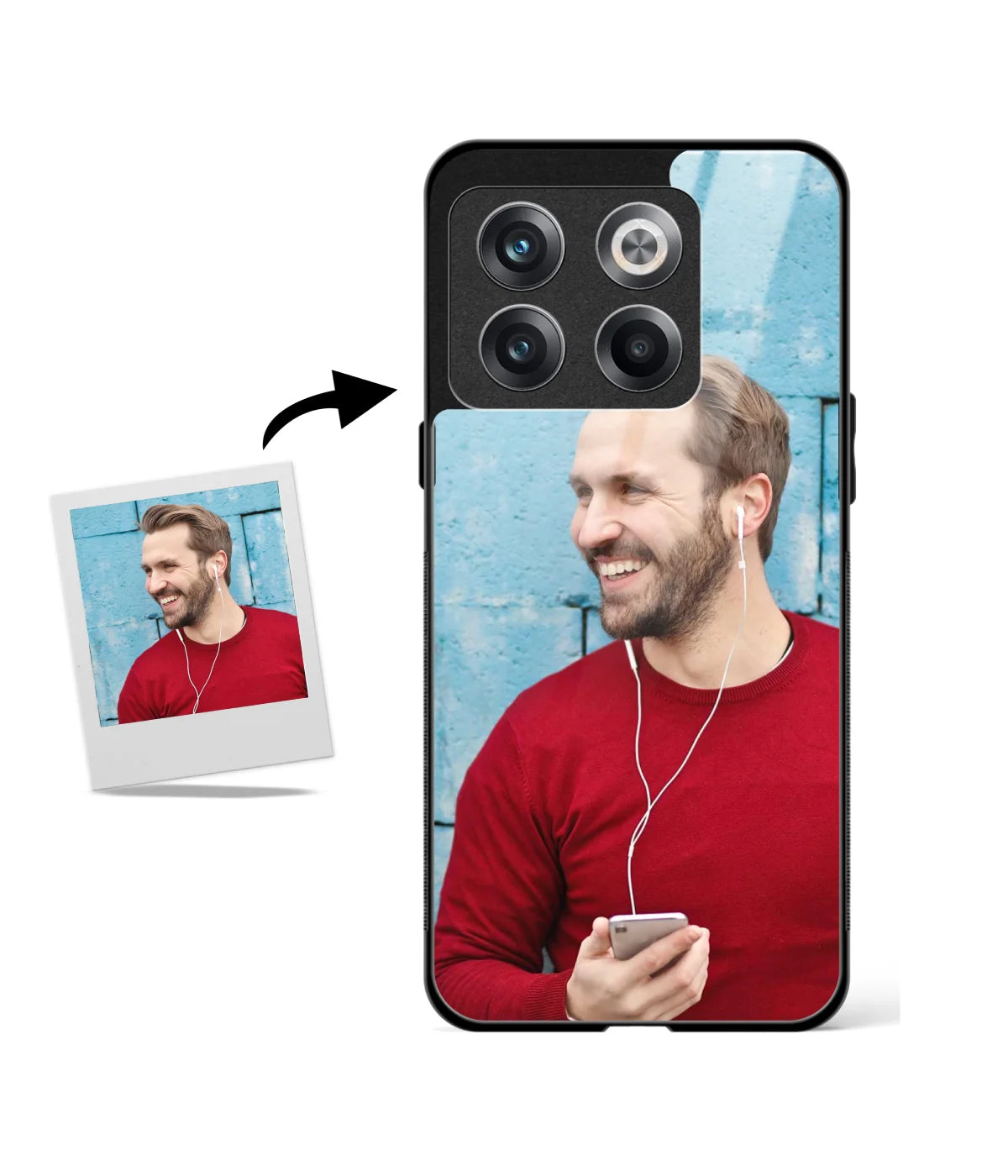 Customized Oneplus 10T Glass cover showing a personalized photo print.
