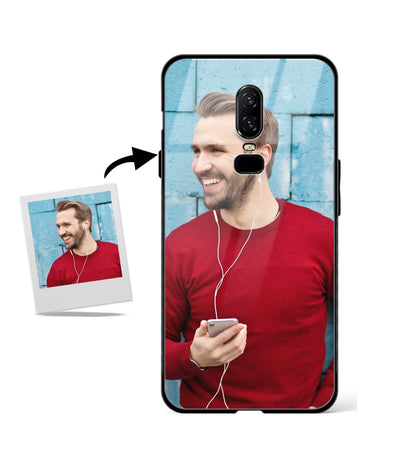 Customized Oneplus 6 Glass cover showing a personalized photo print.