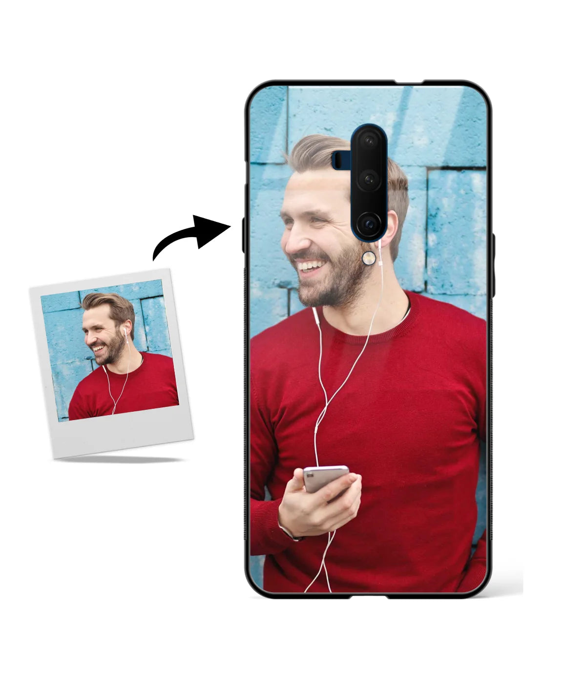 Customized Oneplus 7T Pro Glass cover showing a personalized photo print.