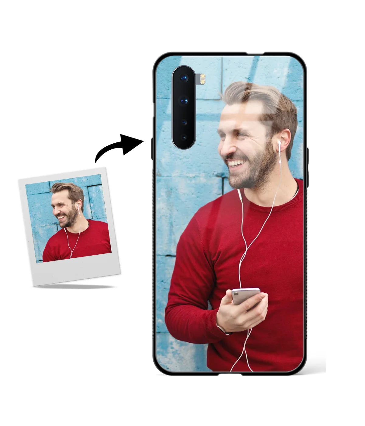 Customized Oneplus Nord Glass cover showing a personalized photo print.