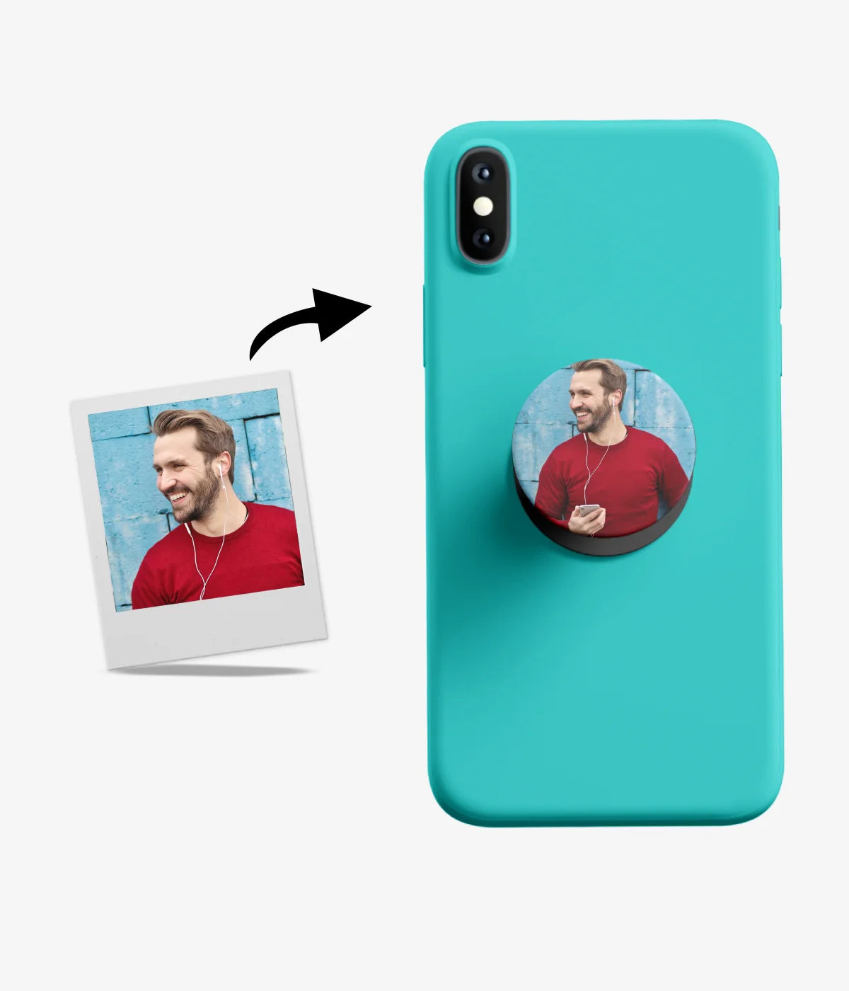 Product illustration of a personalized photo on a custom phone grip holder.