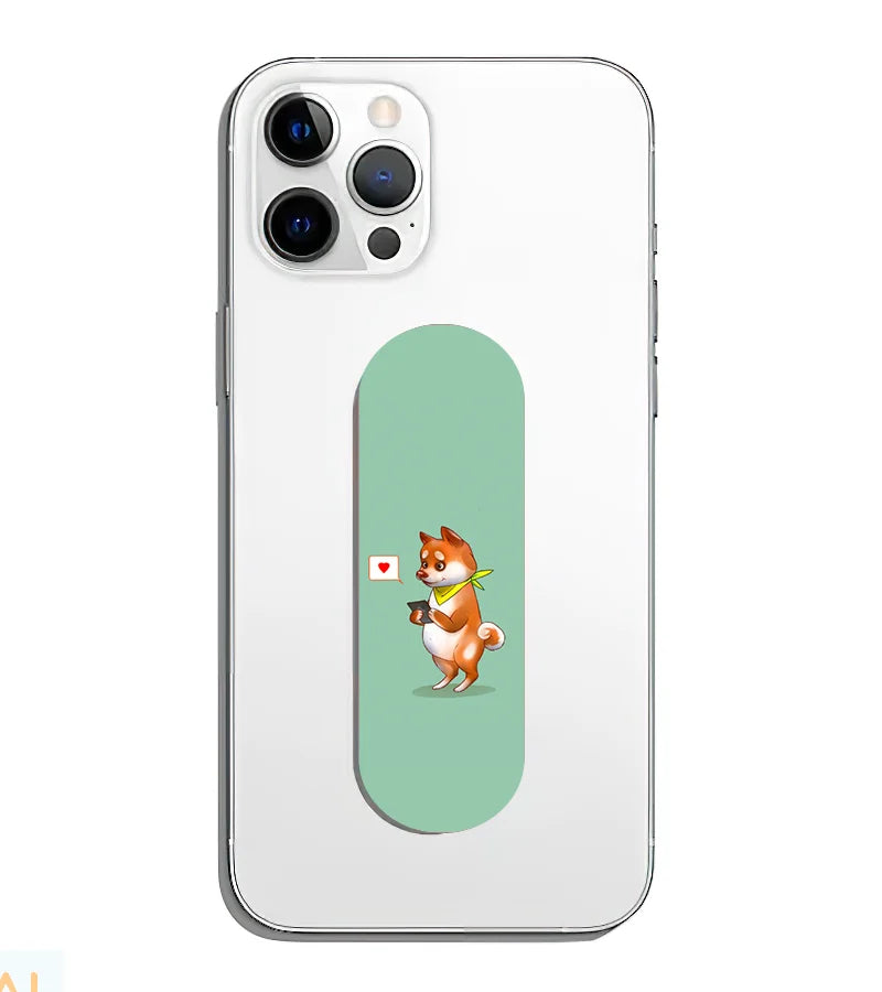 A phone grip slider applied to the back of a smartphone.