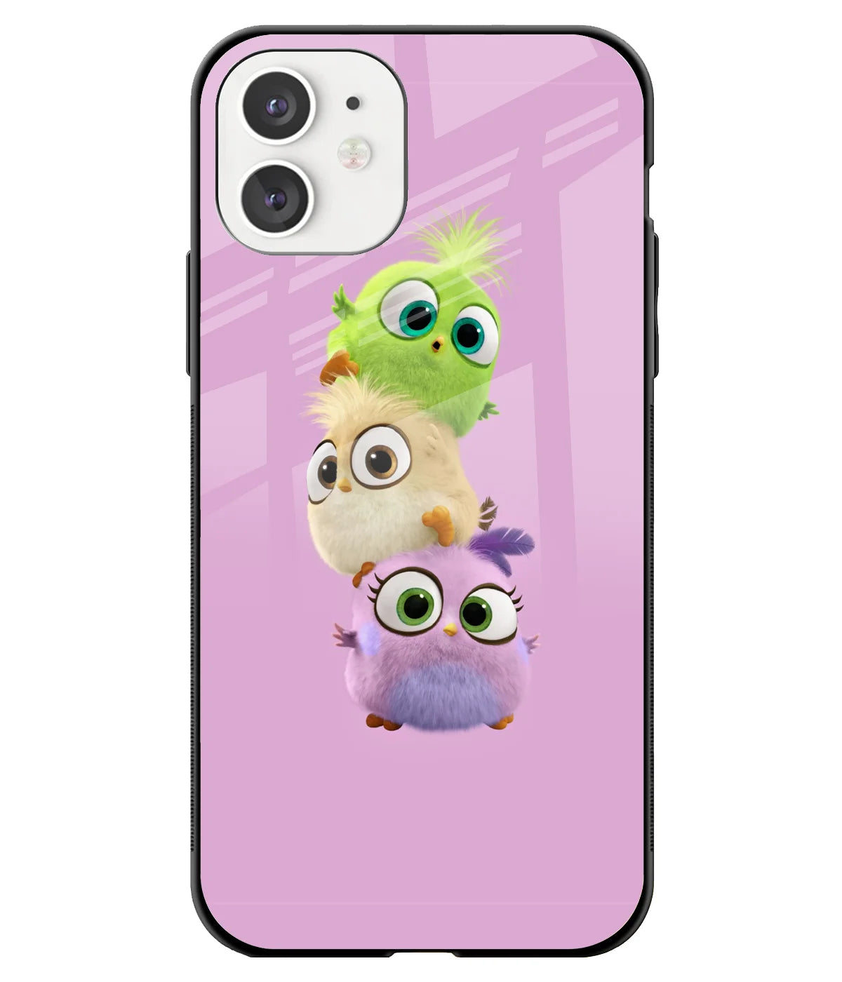 A front-on view of a glass phone case with a colorful design.