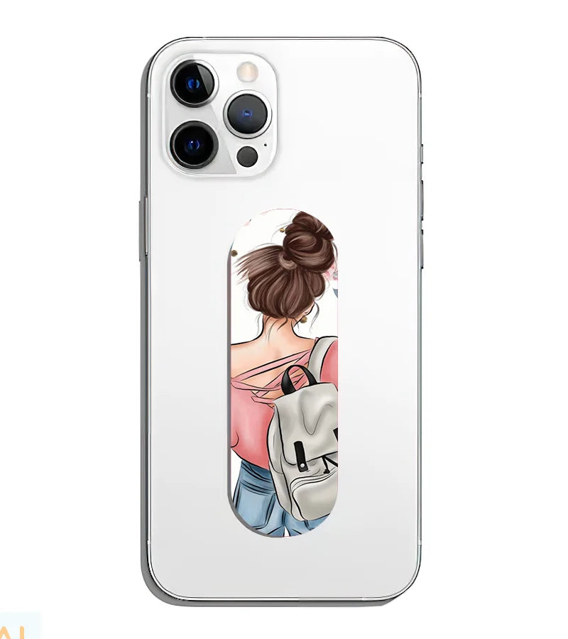 A phone grip slider applied to the back of a smartphone.
