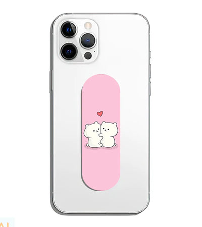 A phone grip slider applied to the back of a smartphone.