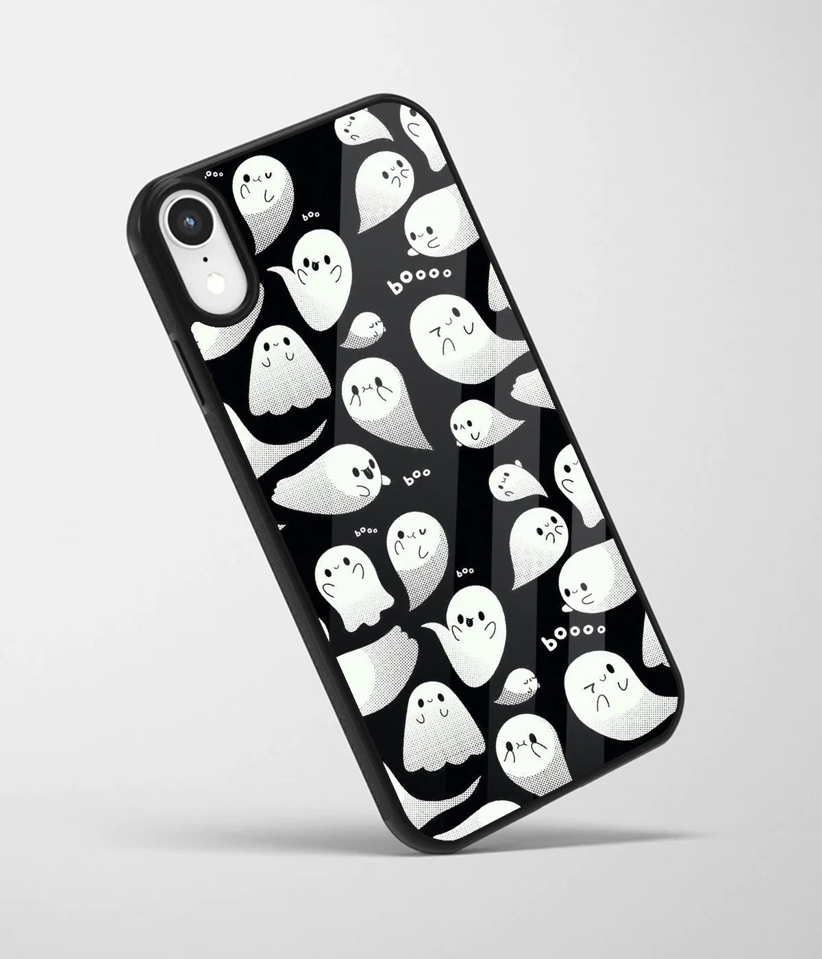 An angled view of a glass phone case featuring a vibrant design.