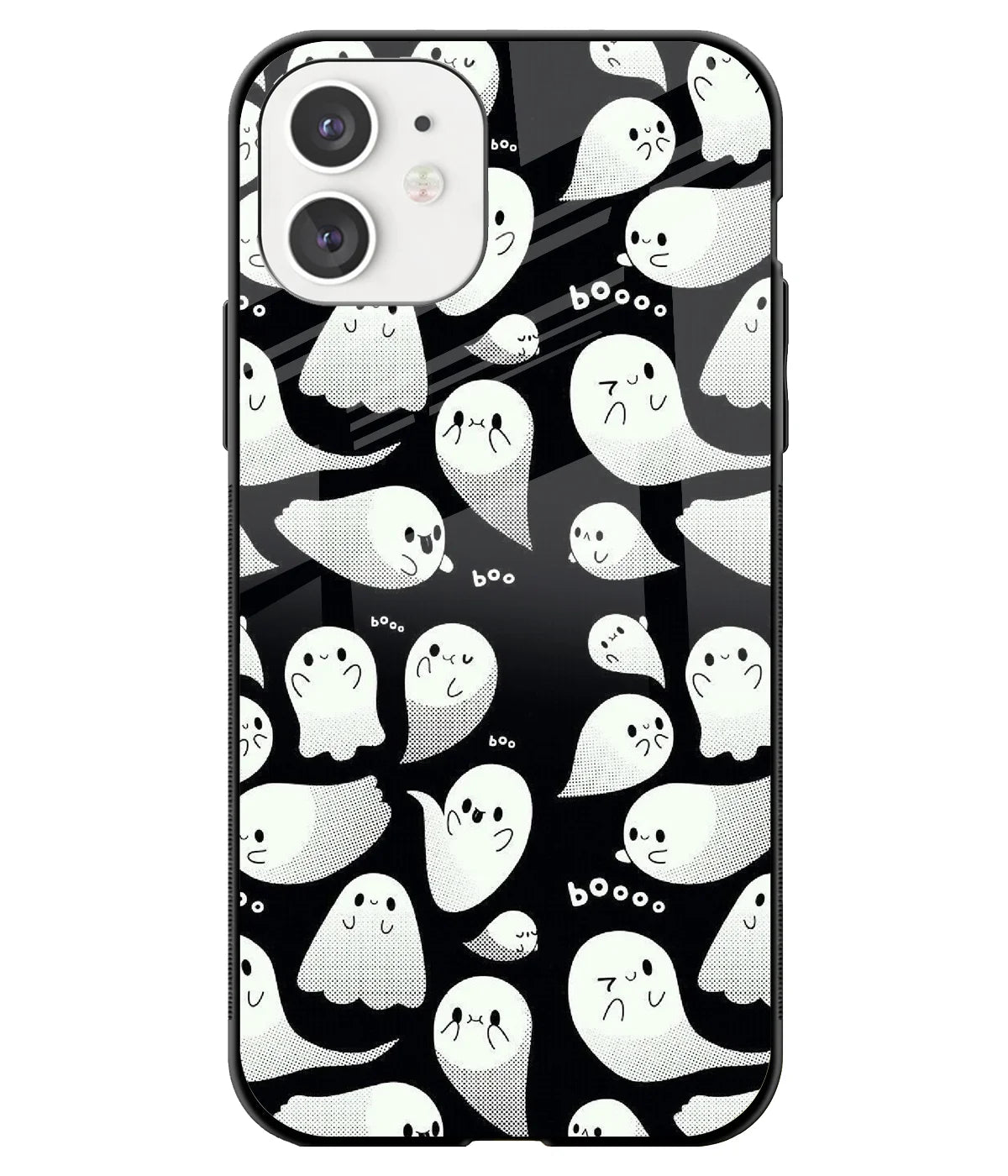 A front-on view of a glass phone case with a colorful design.