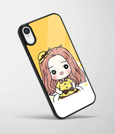 An angled view of a glass phone case featuring a vibrant design.