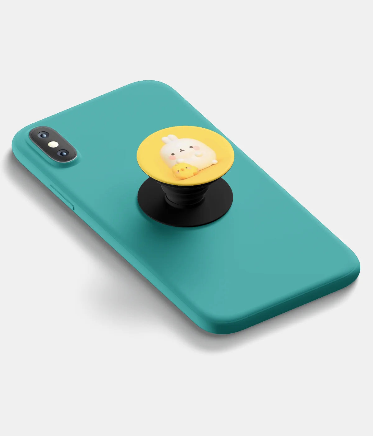 A top-down view of a phone grip holder attached to a mobile phone case on a white background