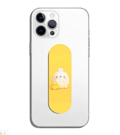 A phone grip slider applied to the back of a smartphone.