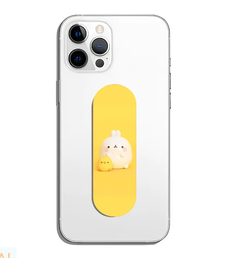 A phone grip slider applied to the back of a smartphone.