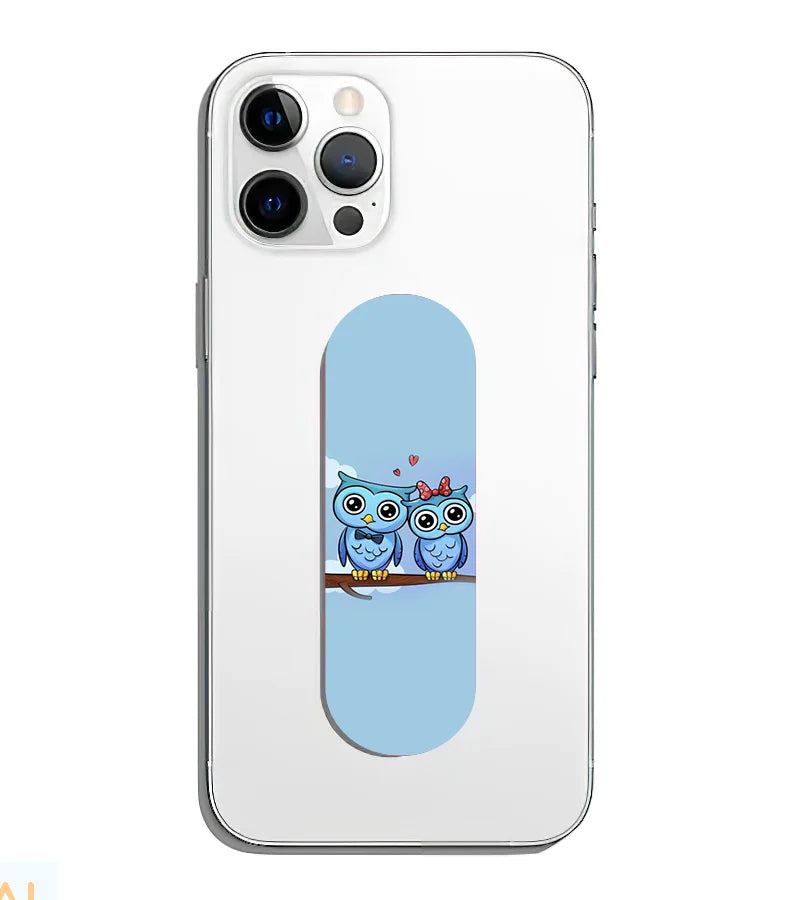 A phone grip slider applied to the back of a smartphone.