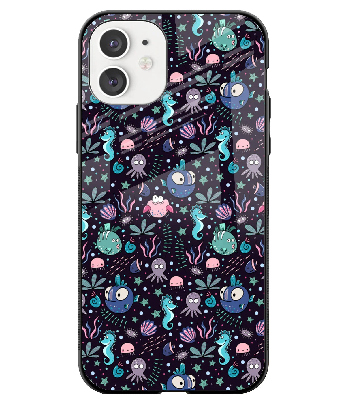 A front-on view of a glass phone case with a colorful design.