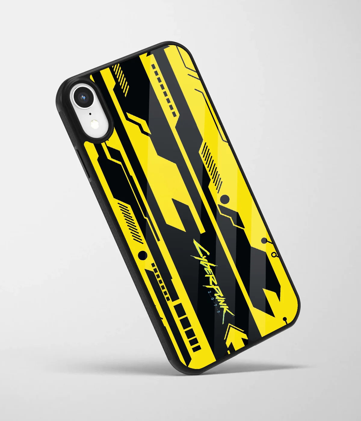 An angled view of a glass phone case featuring a vibrant design.