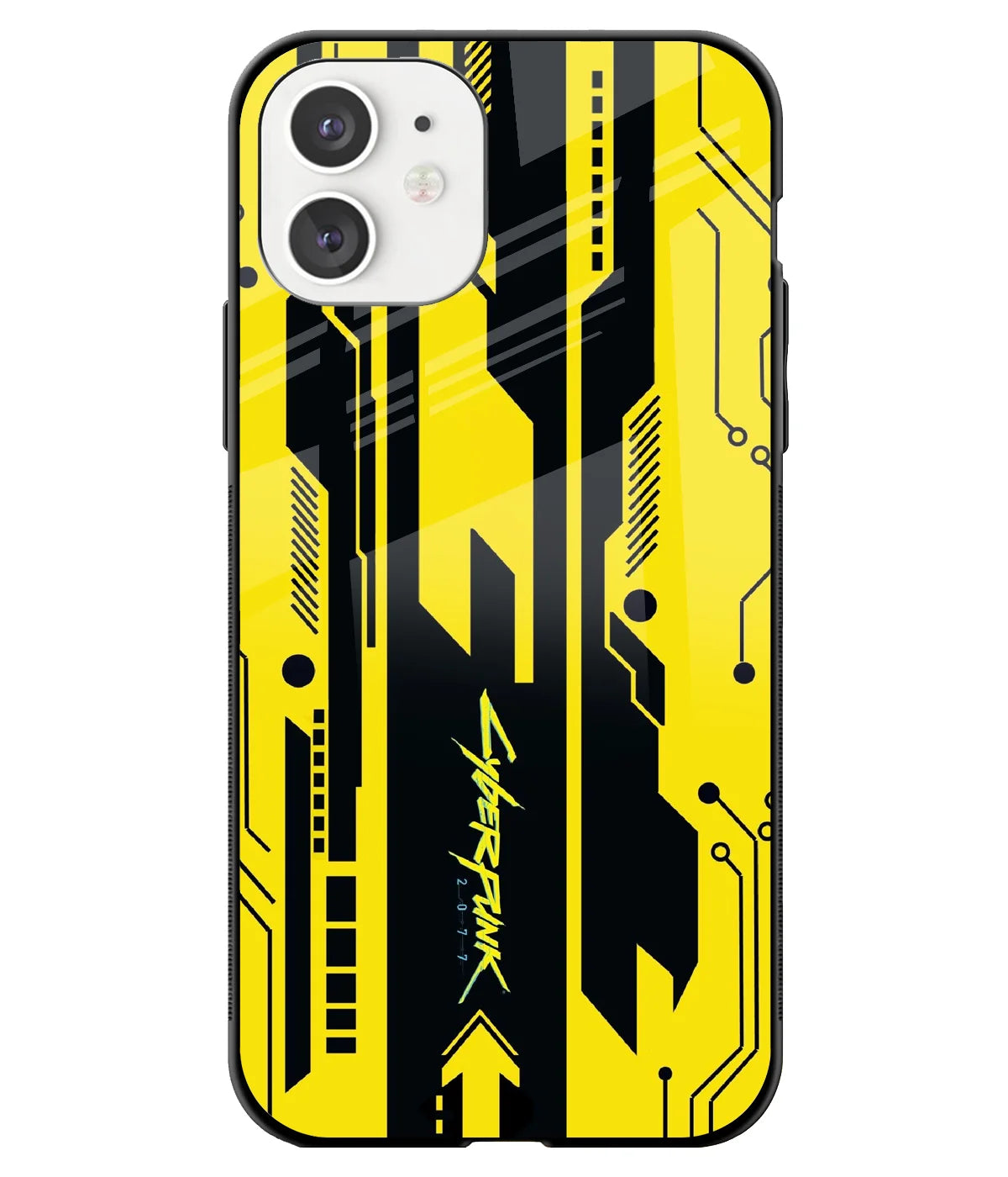 A front-on view of a glass phone case with a colorful design.