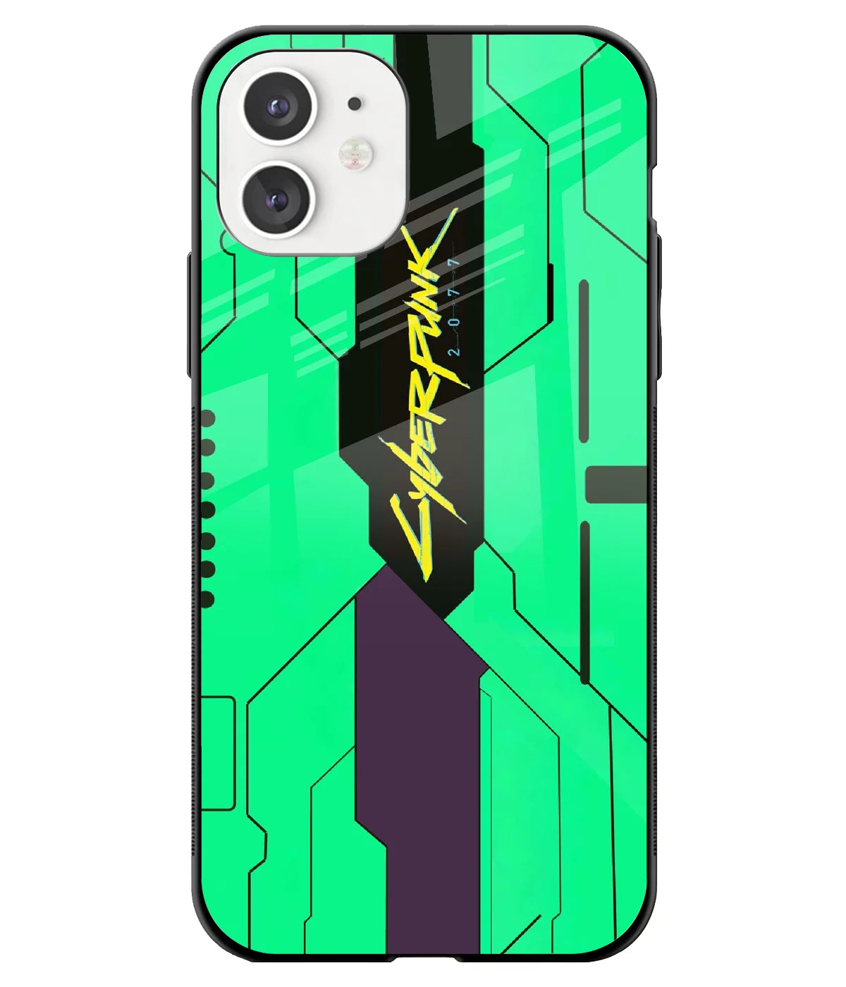A front-on view of a glass phone case with a colorful design.