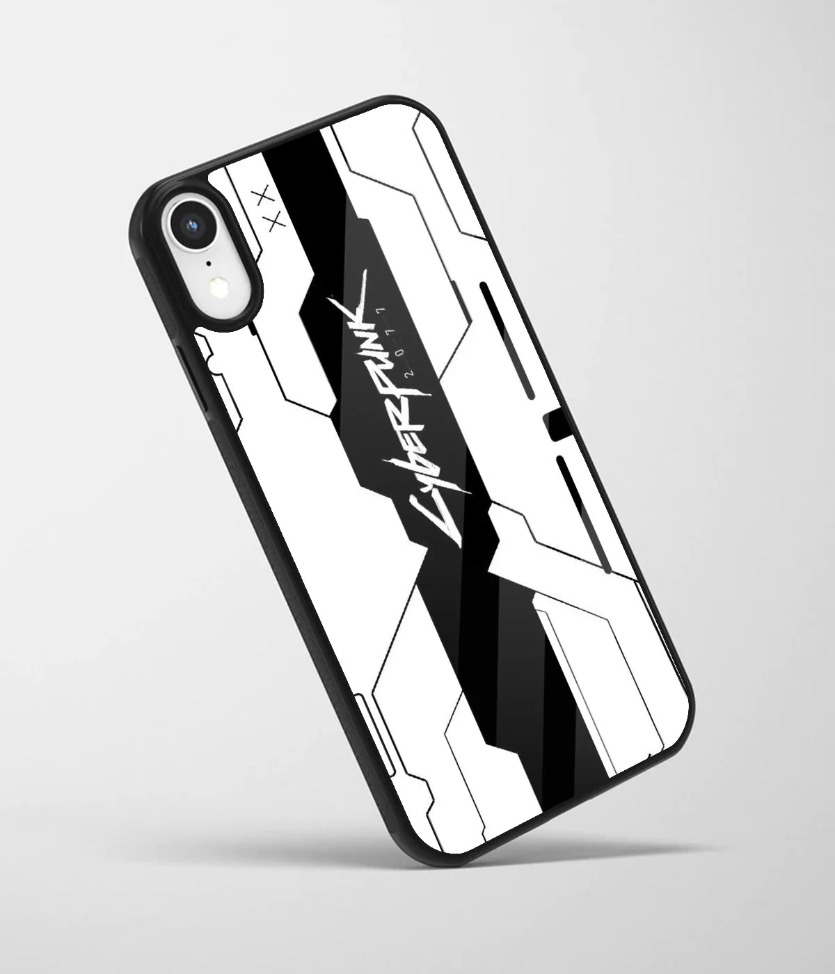 An angled view of a glass phone case featuring a vibrant design.