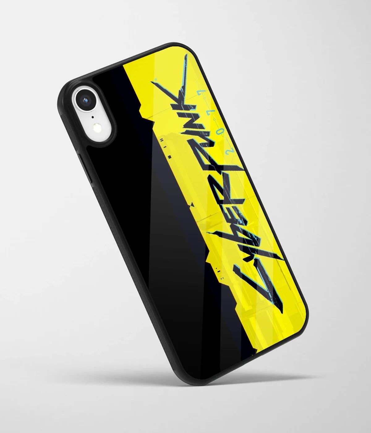 An angled view of a glass phone case featuring a vibrant design.