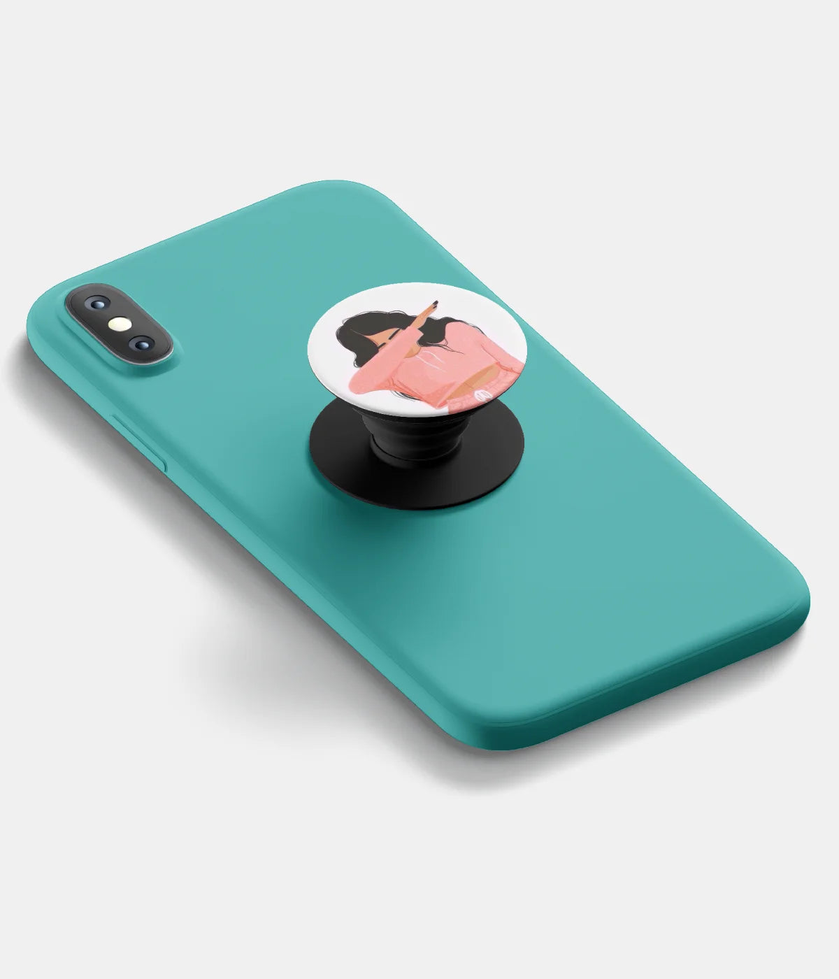 A top-down view of a phone grip holder attached to a mobile phone case on a white background