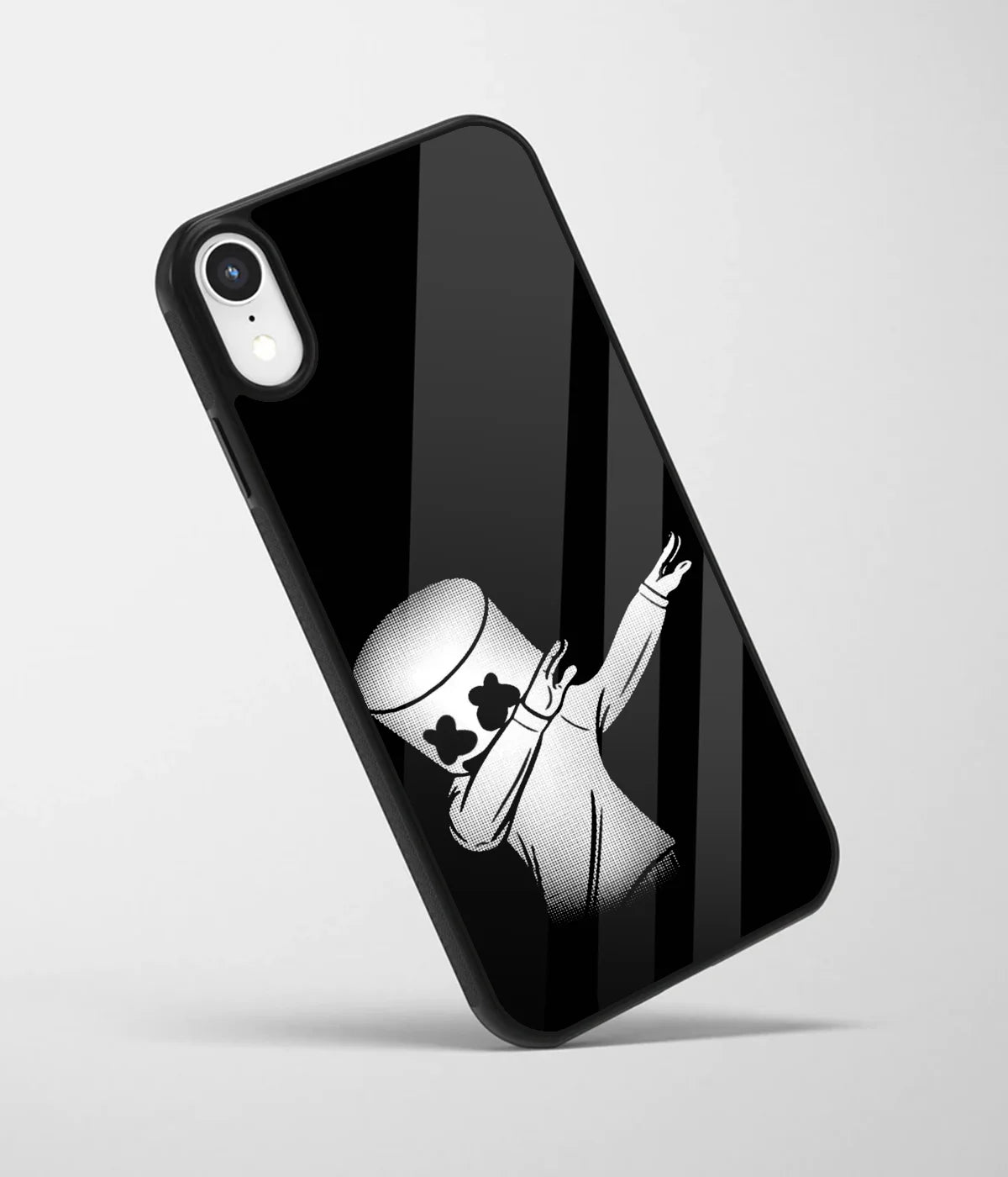 An angled view of a glass phone case featuring a vibrant design.