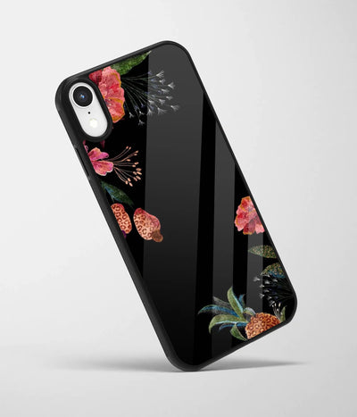 An angled view of a glass phone case featuring a vibrant design.