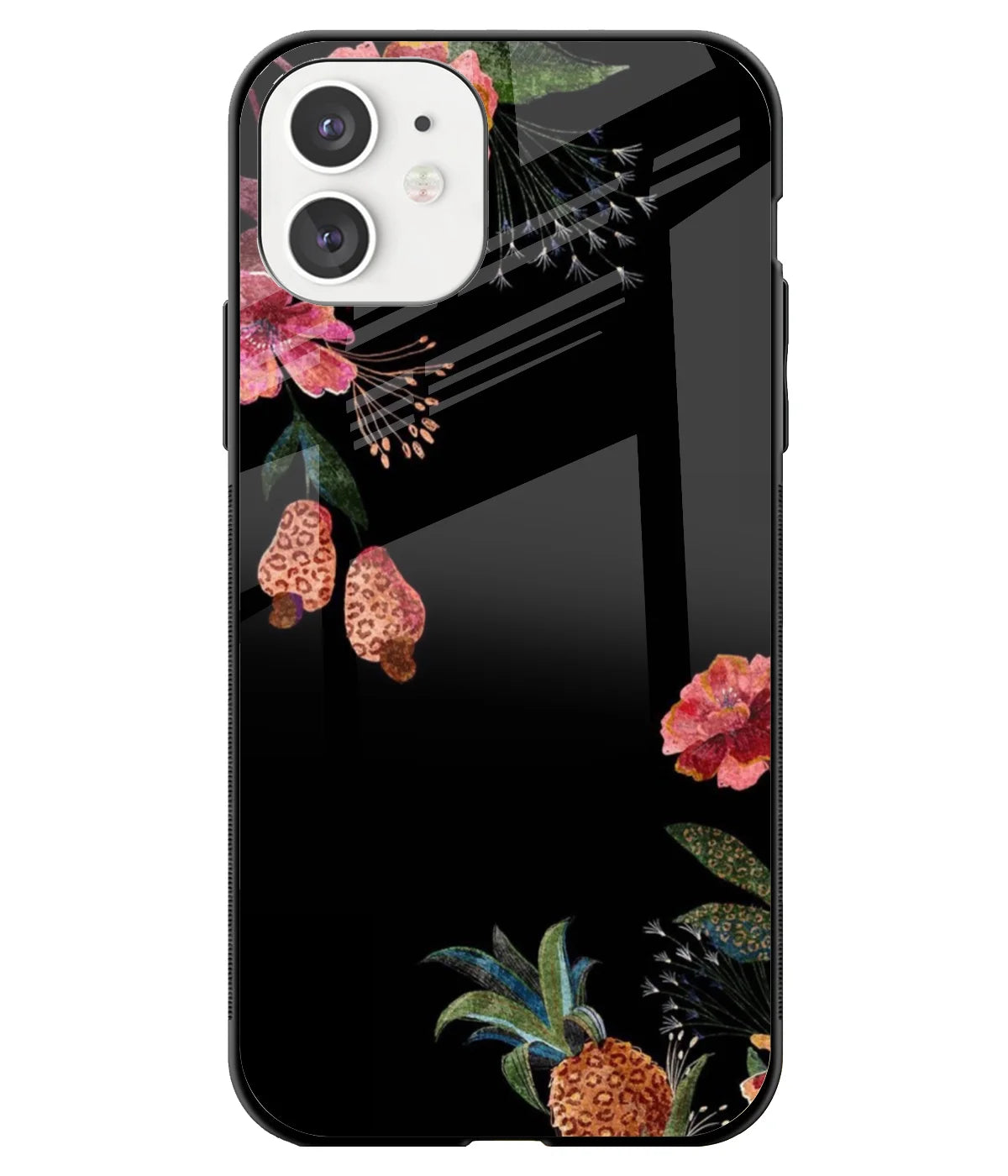 A front-on view of a glass phone case with a colorful design.