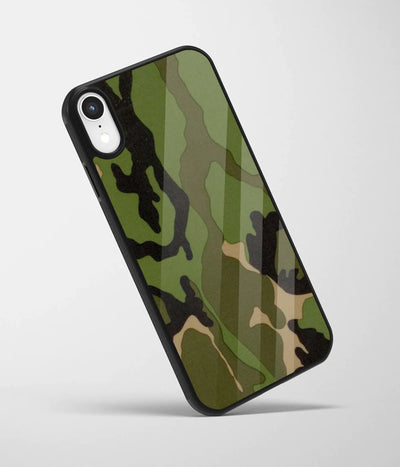 An angled view of a glass phone case featuring a vibrant design.