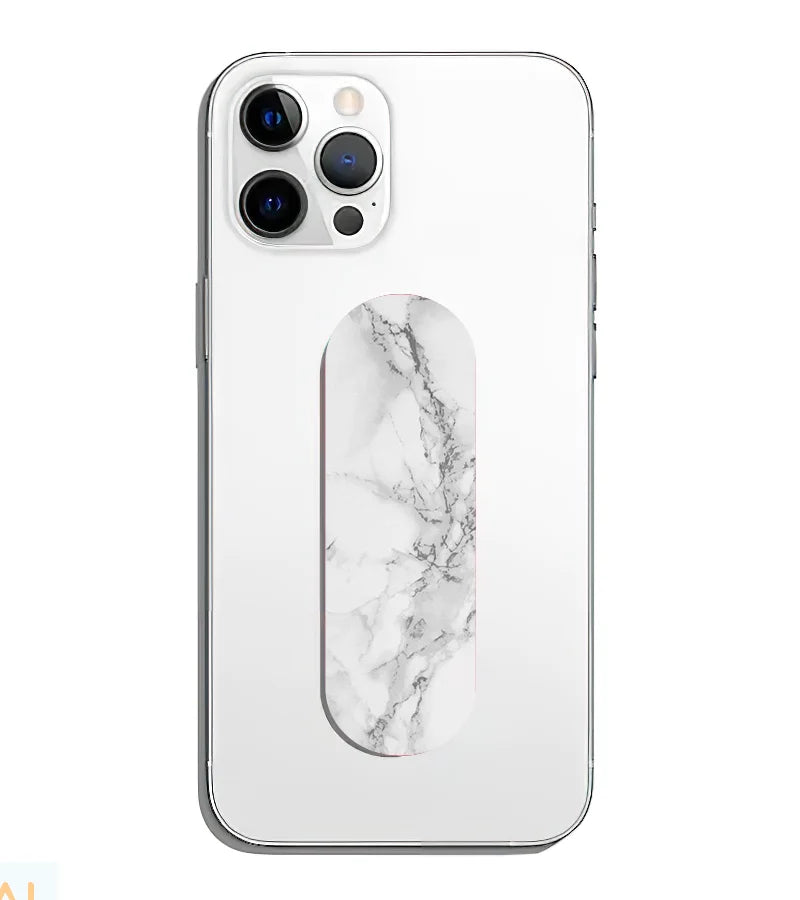 A phone grip slider applied to the back of a smartphone.