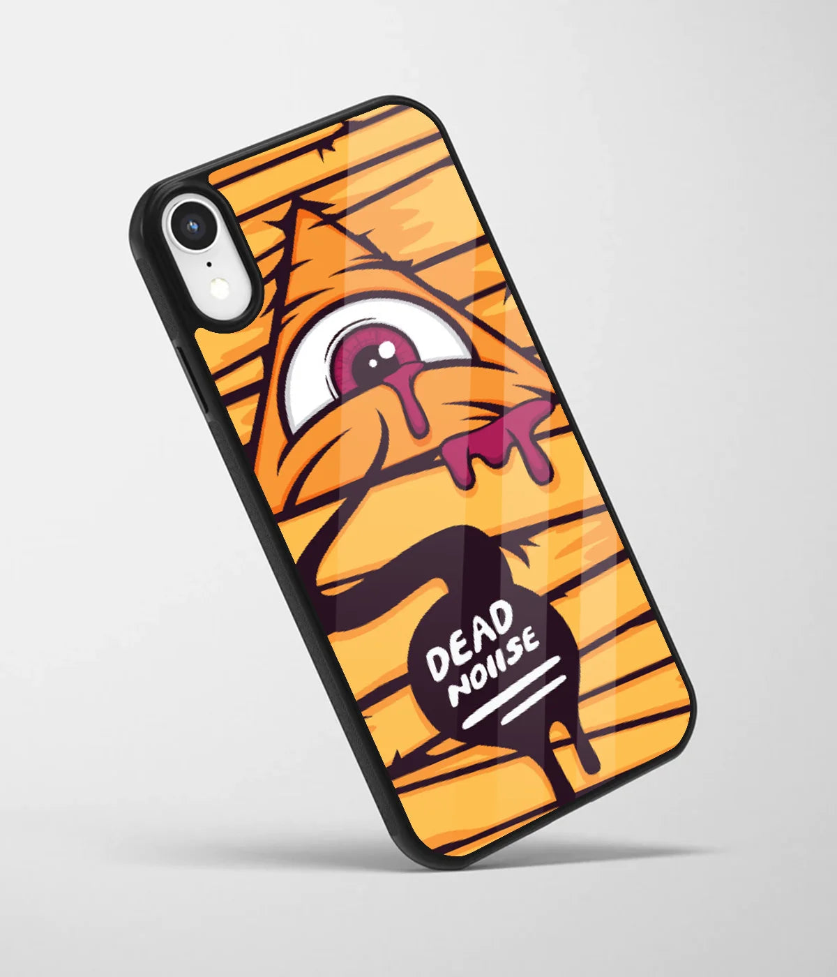 An angled view of a glass phone case featuring a vibrant design.