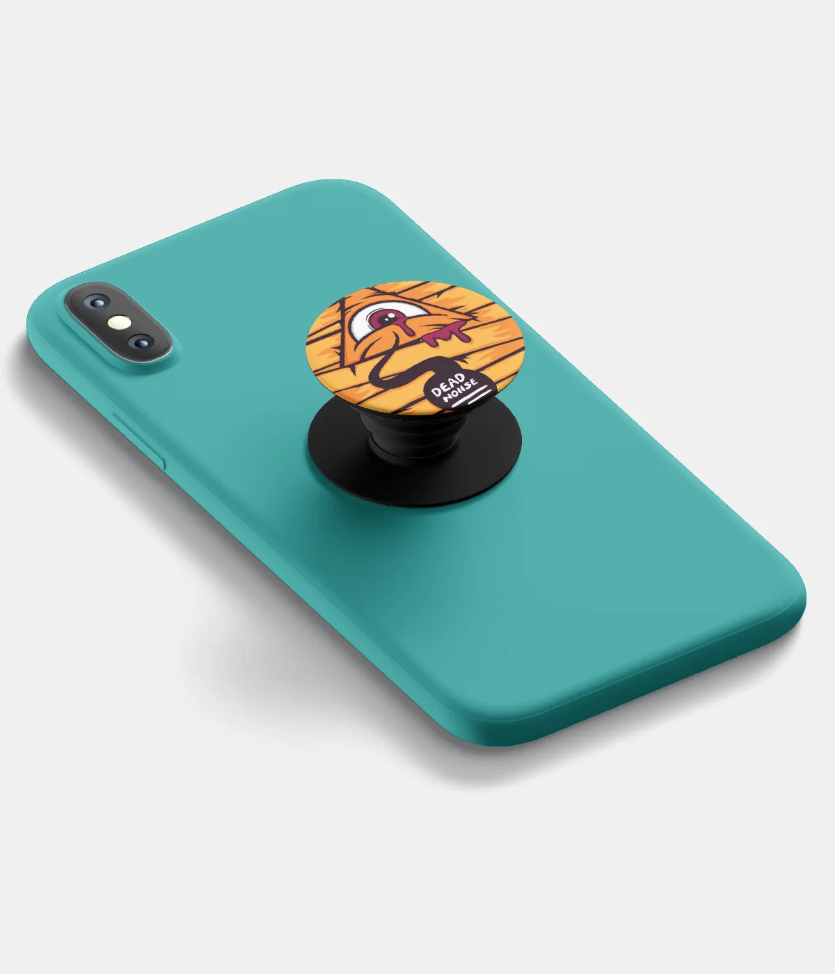 A top-down view of a phone grip holder attached to a mobile phone case on a white background