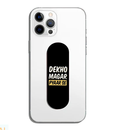 A phone grip slider applied to the back of a smartphone.