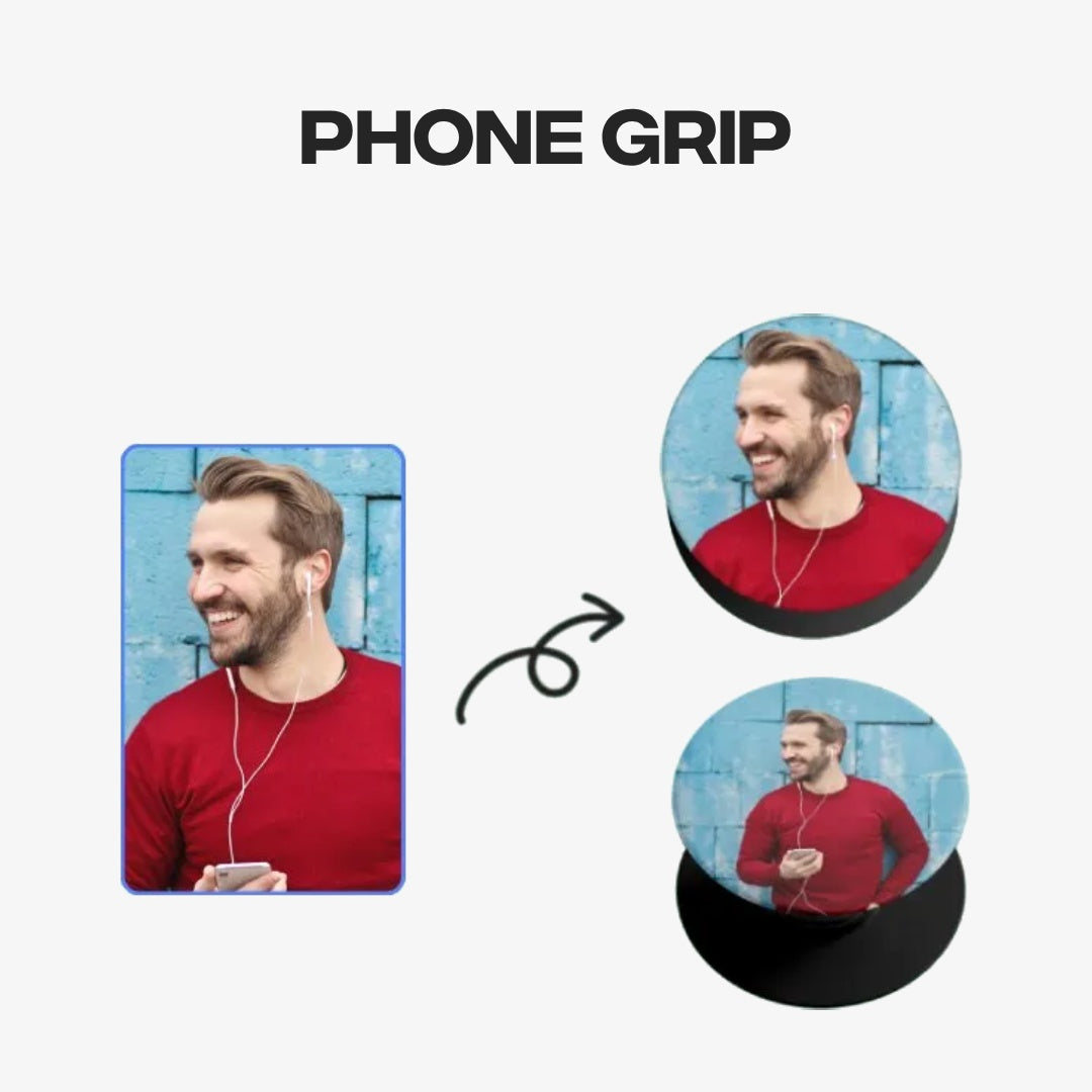 Banner for Custom Phone Grip Holders illustrating the personalization process where users upload a photo to create a premium Phone Grip Holder.