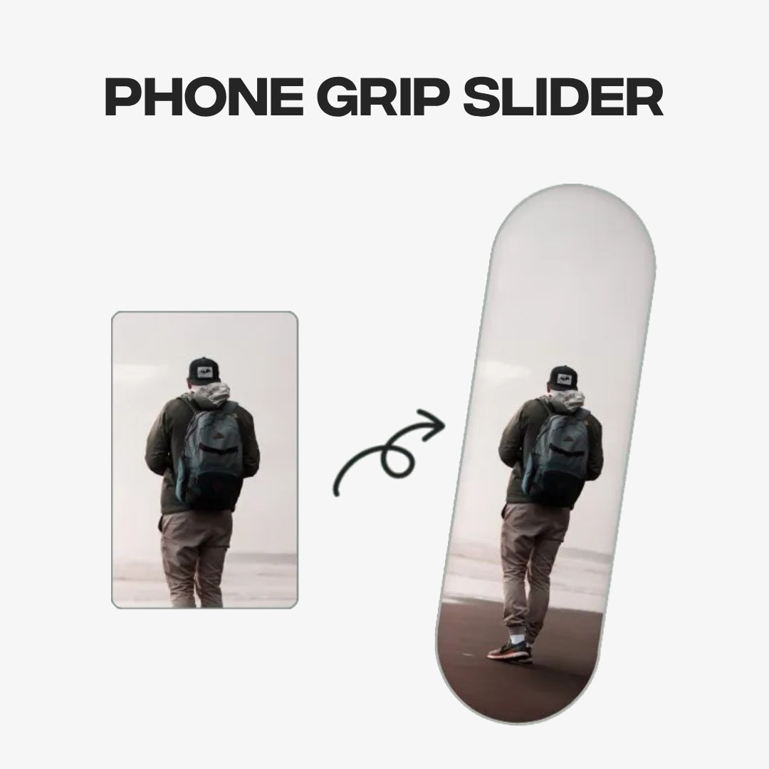 Banner for Custom Phone Grip Slider illustrating the personalization process where users upload a photo to create a premium Phone Grip Slider.