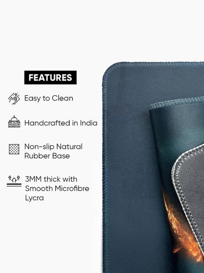 Infographic highlighting key features of the desk mat: Easy to clean, Handcrafted in India, Non-slip natural rubber base, and 3mm thick smooth Microfibre Lycra surface.