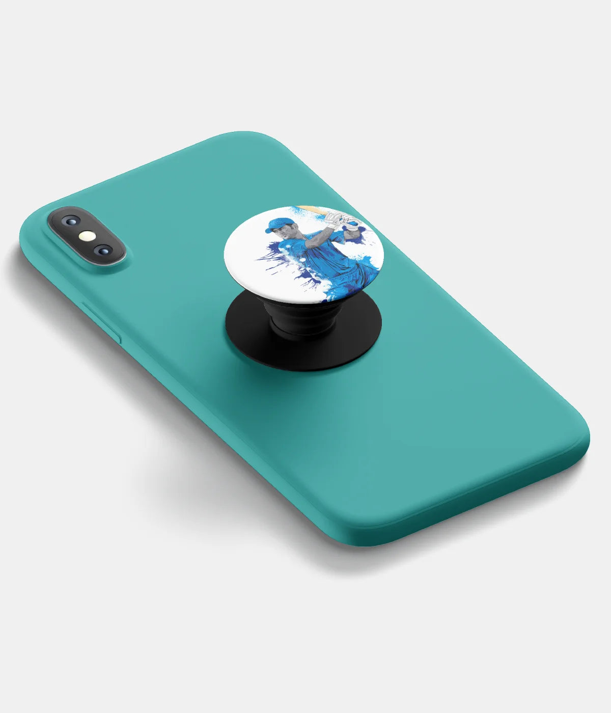 A top-down view of a phone grip holder attached to a mobile phone case on a white background