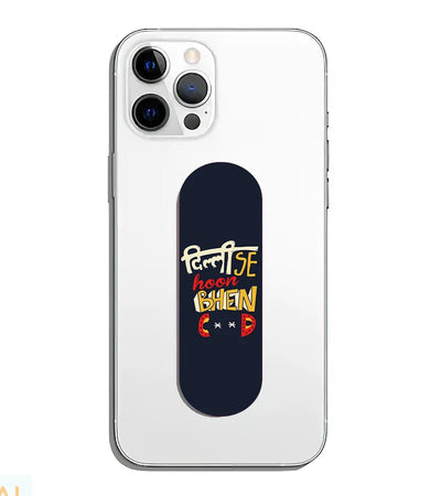 A phone grip slider applied to the back of a smartphone.